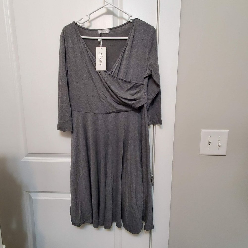 Missky Grey Jersey Faux Wrap Dress, size L, Long Sleeve, Midi, Pull on NEW